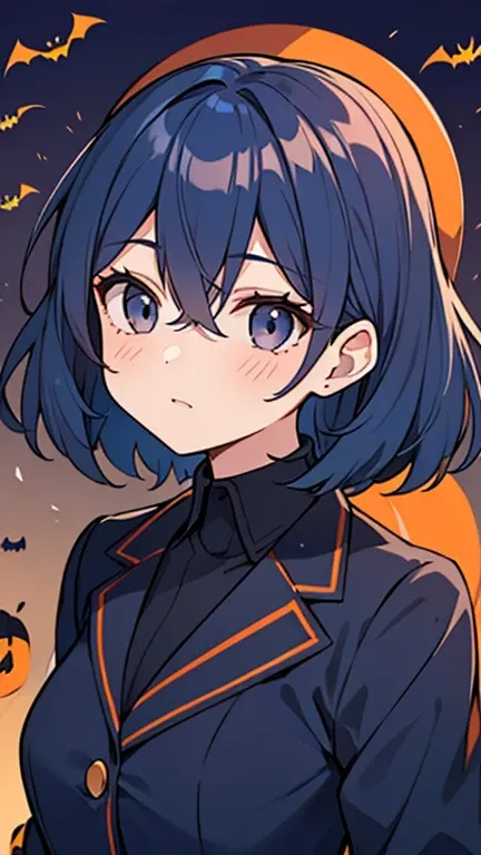 ((  Girl with navy blue hair and dark eyes 1 )),(( is wearing a navy blue Halloween suit )),bangs,  Hair between eyes  