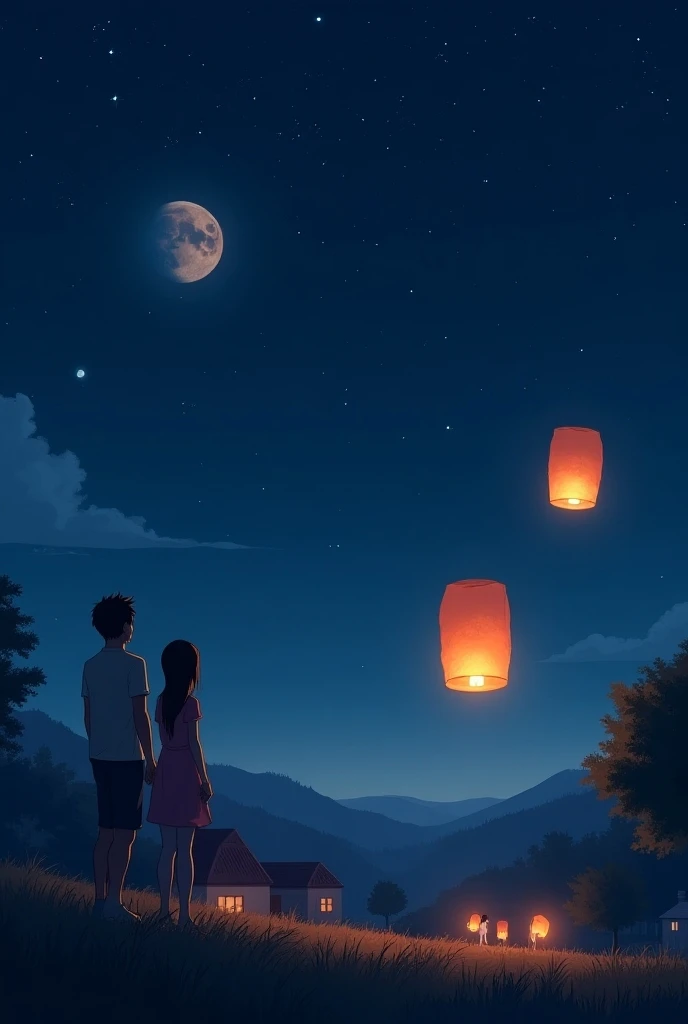 There are  two 26 years boy and girl see little fire lathern to the sky
at night . 
These two are at the left corner of the view The sky is clear and stars are shine and Full moon is distinct.
There are two or three cloud
There are some homes and tree and ...