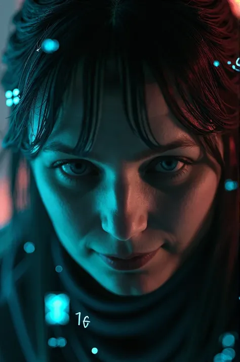 Close-up of a womans face. Intense gaze, realistic facial features. Dark background, cyberpunk aesthetic. Glowing math formulas, handwritten style. Futuristic, high-tech atmosphere. Photorealistic rendering, dramatic lighting, stark contrast