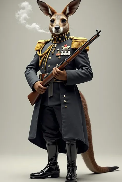 A military leader kangaroo , full Prussian uniform dress and boots ,  boots with decorations armed with a rifle and smoking a cigarette