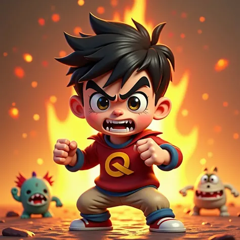  This is a 3D cartoon type ，boy， "Qin" logo，  with angry flames in magma in the background