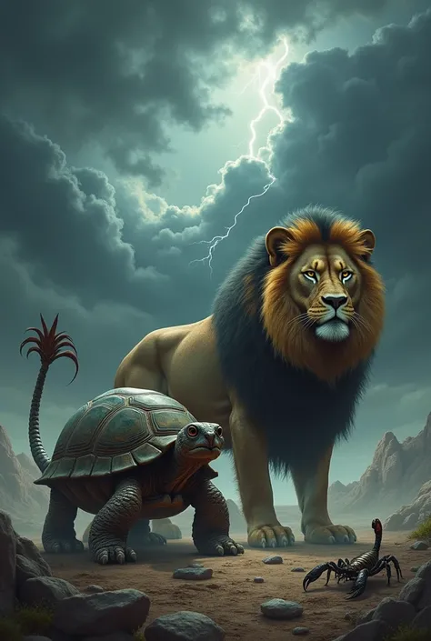 A turtle ,a lion and a scorpion under the stormy and dark sky