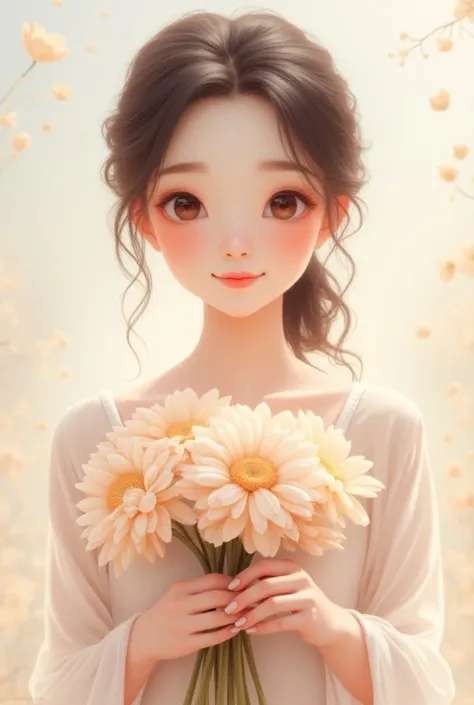  A woman hands a bouquet of flowers , thank you..  She looks at me with very beautiful and lovely eyes. Schneider pastel ink details , Soft and exquisite , Fluffy, (極めて繊細でbeautiful), ( perfect details )、( Pastel),Soft texture :1.2.(Masotpis, Best Quality),...