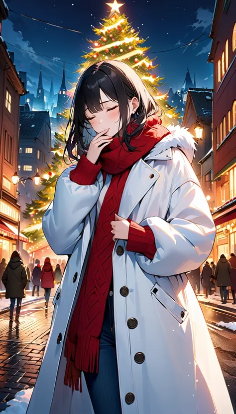 (((masterpiece, best quality, super detailed:1.5))),(detailed night cityscape, fantasy),(very wide shot),(very beautiful and detailed face),(best lighting, very delicate and beautiful),(very beautiful woman, alone, long black hair, manner),(fantastic and v...