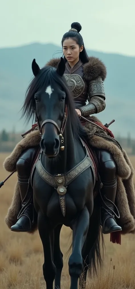 Masterpiece, 8K, photography professional, there is a Korean woman riding a horse with a dog on her back, riding a black horse, the rider carries a large sword, kazakh empress, a young woman as genghis khan, horse warrior, still from a live action movie, r...