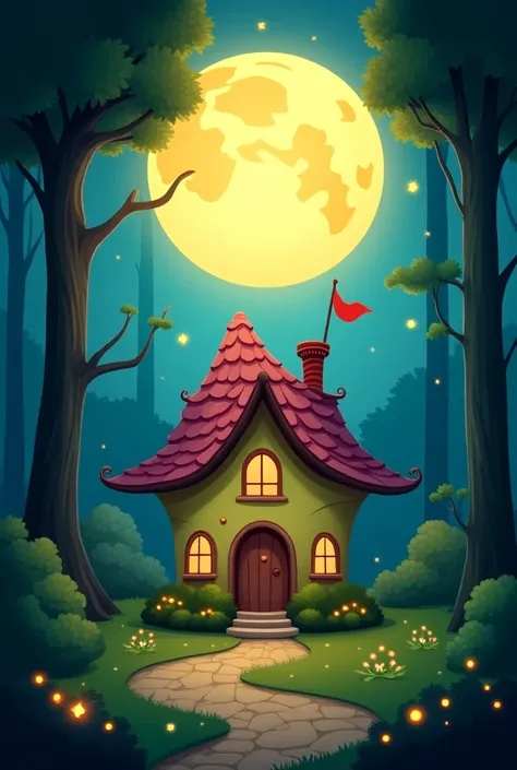 full moon and a cartoon house in forest 