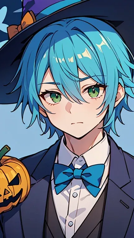 (( A man with blue hair and green eyes)),((Im wearing a blue Halloween suit .)),bangs, Head between eyes 