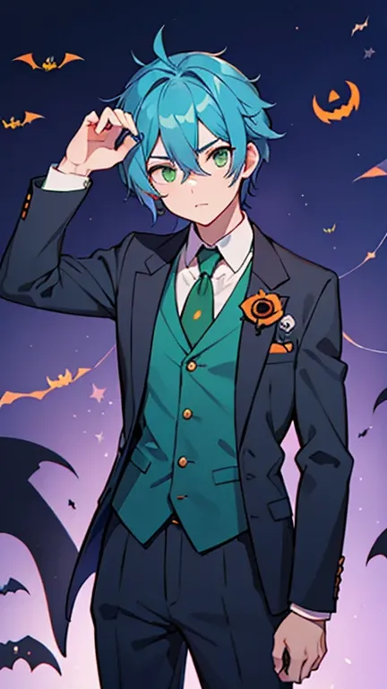 (( A man with blue hair and green eyes)),((Im wearing a blue Halloween suit .)),bangs, Head between eyes 