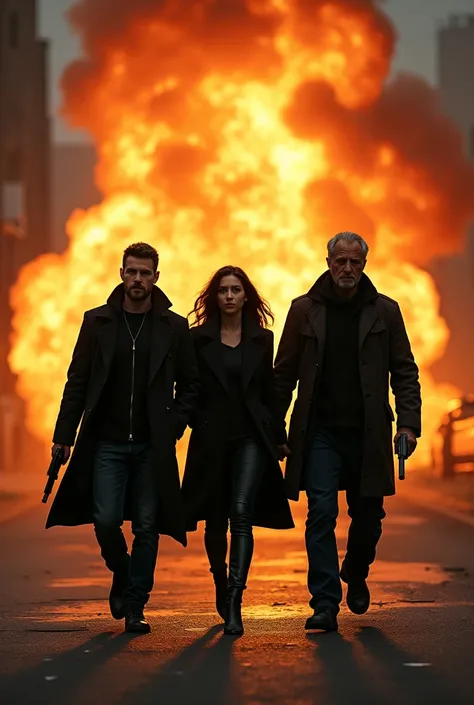 Create an image of a man about s of age walking behind an explosion. Side by side there is a woman about the same age and the other side is his father about 45 years of age. Let all of them be holding guns.let all of them be wearing black.
