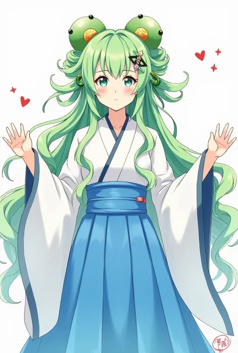 kochiya sanae, hair tubes, frog hair ornament, snake hair ornament, shirt, long sleeves, wide sleeves, blue skirt