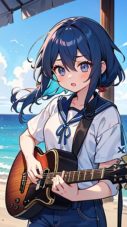 ((  Girl with navy blue hair and dark eyes 1 )),(( playing guitar {x} wearing light blue summer clothes )),bangs,  Hair between eyes  