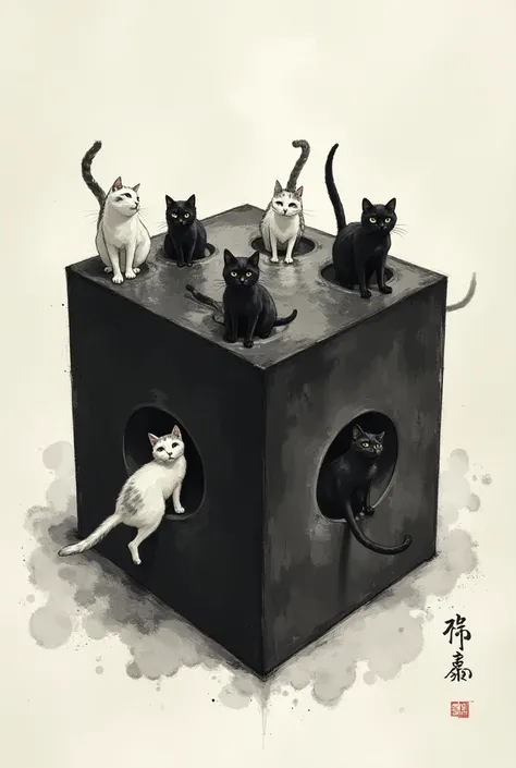 A box with many square holes, cats coming from all directions, black and white, ink painting, optical illusion, illusionary space, painting art, irregular, backlit, high contrast.