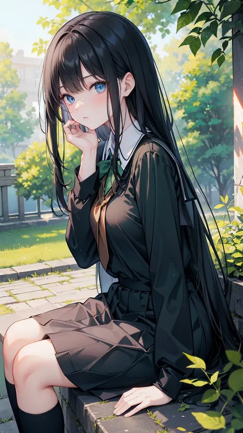  Long straight black hair , School Uniform， blue eyes， holding smartphone , Relaxation posture, sit, Review, healthy skin, Outdoor scenery, Green leaves and blue sky, Bright natural light    ,    sunlight shining in from the top left,   A warm and gentle a...