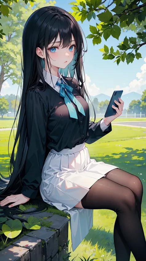  Long straight black hair , School Uniform， blue eyes， holding smartphone , Relaxation posture, sit, Review, healthy skin, Outdoor scenery, Green leaves and blue sky, Bright natural light    ,    sunlight shining in from the top left,   A warm and gentle a...