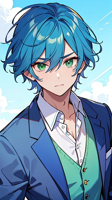 (( A man with blue hair and green eyes)),((Im wearing a light blue summer suit.)),bangs, Head between eyes 