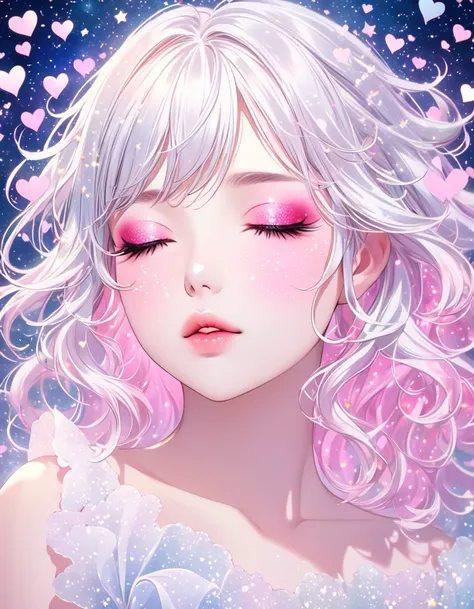 beautiful woman, kissing face, amorous and lewd expression, fliffy two side up messy wavy white hair, make-up, pink hearts effects, star effects, sound note effects, glitter effects, pastel color effects, foggy filter effects, beautiful effects, 2.5D, deli...