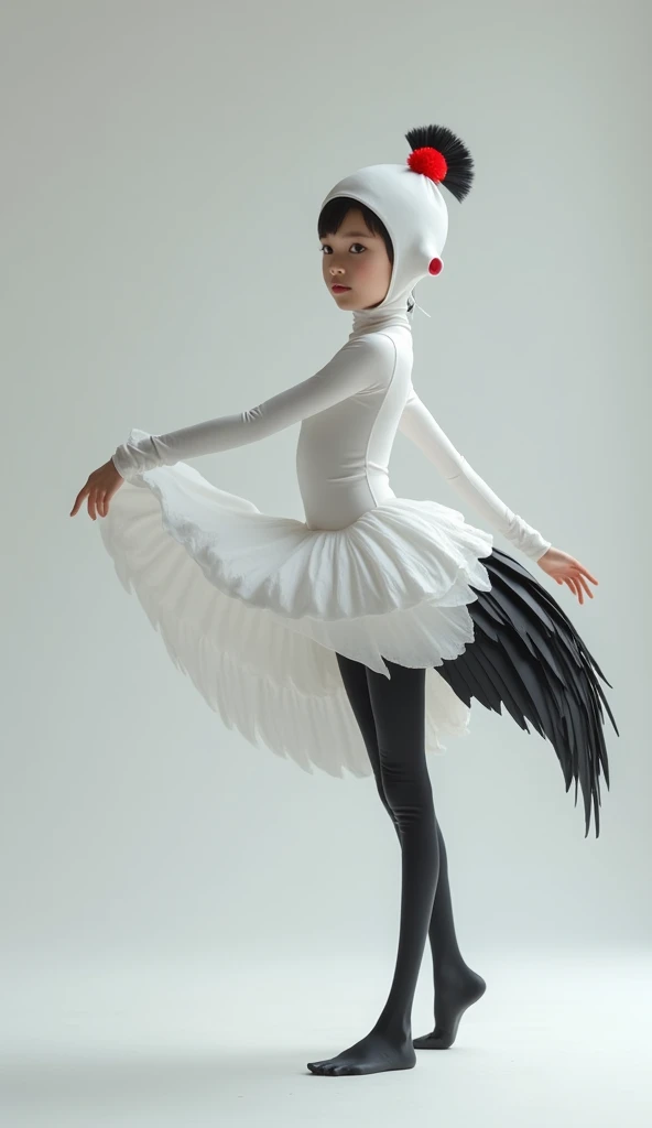 the most clever,kind and thinest asian teenager girl with beautiful cheeks wears white crane lycra turtleneck unitard catsuit with black crane tail and black crane costume wings and always wearing white seamless print lycra inner cap-like swimming cap hood...