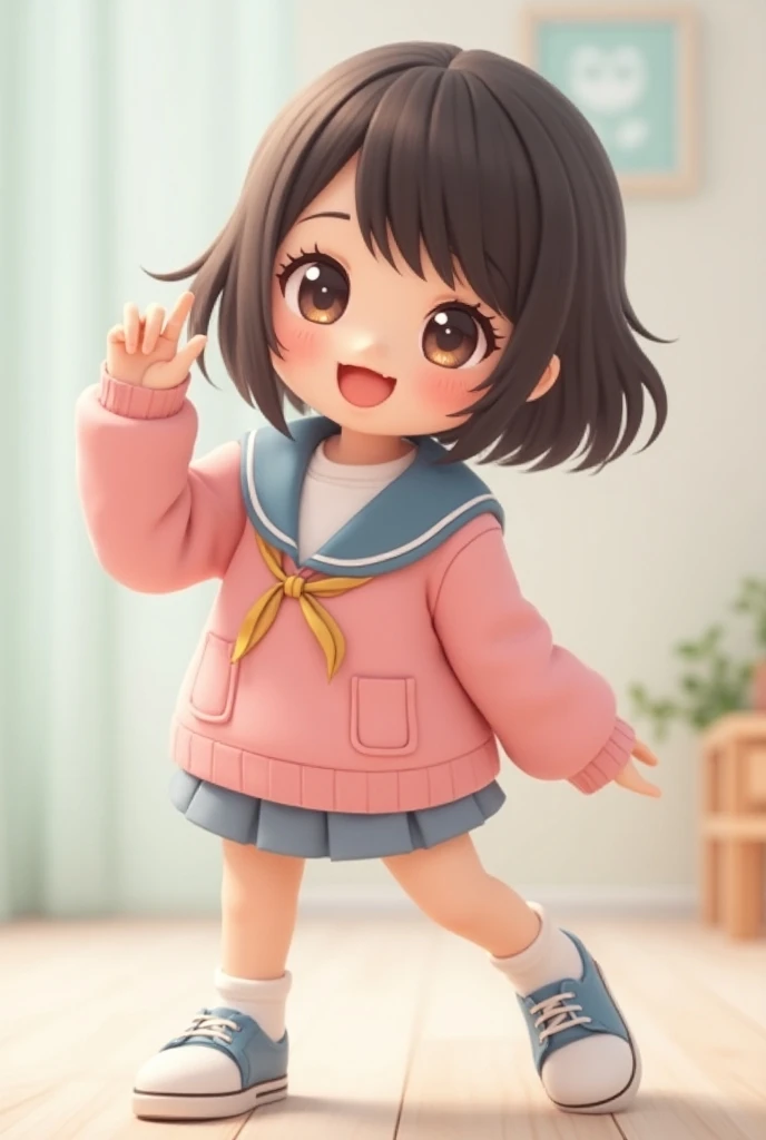 cute Japanese teen idol, kawaii style,
big bright eyes, slightly wavy hair,
sweet smile, school uniform inspired,
pastel colors, studio lighting,
energetic pose