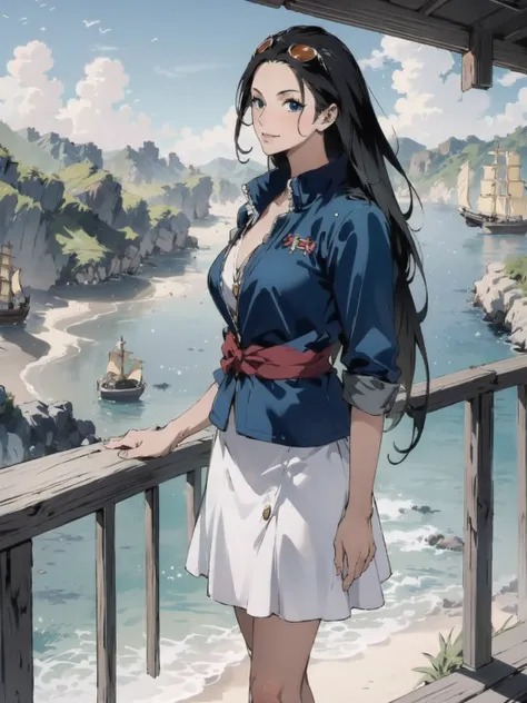  realistic, fotor realistic,  1 girl,  only,  Nico Robin,  dress, ,  is standing, Long Hair,   blue eyes, Hair ornaments,  detailed antecedents , on the road, 