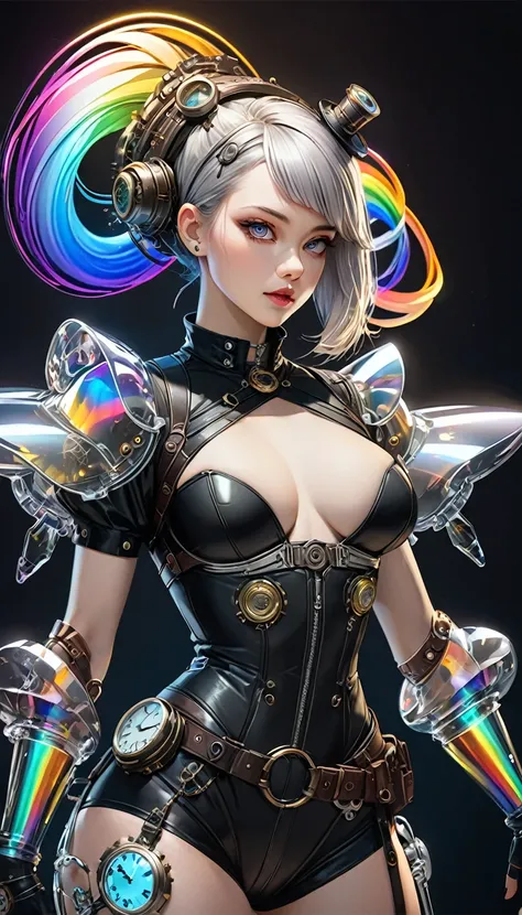 ( Cyberpunk , Clockpunk,  dieselpunk , Steampunk), A work of art carved from pearl platinum crystal, Background Diverse Punk, Cool Beauty,  Attractive Proportions, (Super detailed,  Hi-Res, Best Quality:1.3), 2.5D,  Delicate and dynamic effects, Rainbow li...