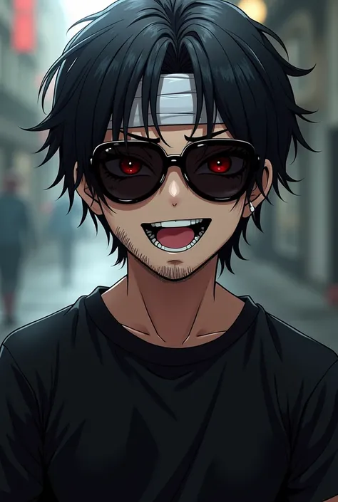 Young anime ,  short black hair , white band on the head, black sunglasses, honey colored eyes, black lycra t-shirt,  evil smile tie, and shaved beard 