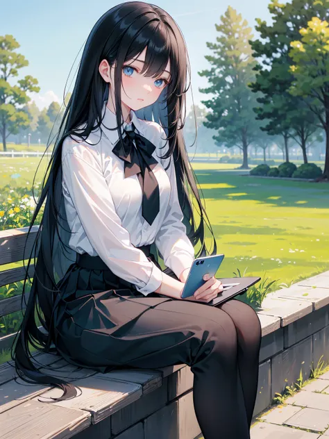  Long straight black hair , School Uniform， blue eyes， holding smartphone , Relaxation posture, sit, Review, healthy skin, Outdoor scenery, Green leaves and blue sky, Bright natural light    ,    sunlight shining in from the top left,   A warm and gentle a...