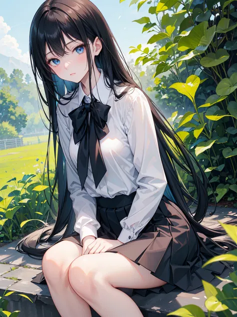  Long straight black hair , School Uniform， blue eyes， holding smartphone , Relaxation posture, sit, Review, healthy skin, Outdoor scenery, Green leaves and blue sky, Bright natural light    ,    sunlight shining in from the top left,   A warm and gentle a...