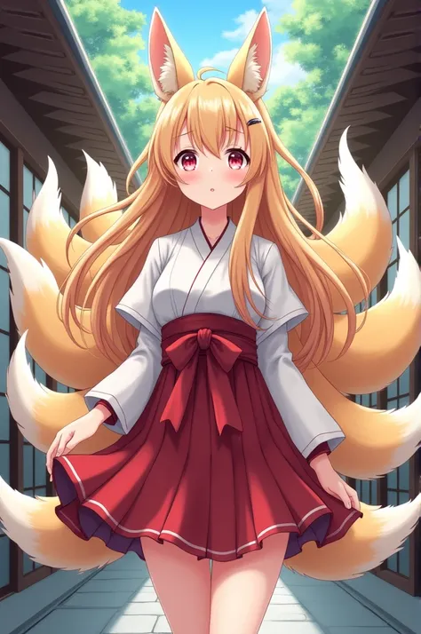 Anime nine-tailed fox girl with Japanese uniform 