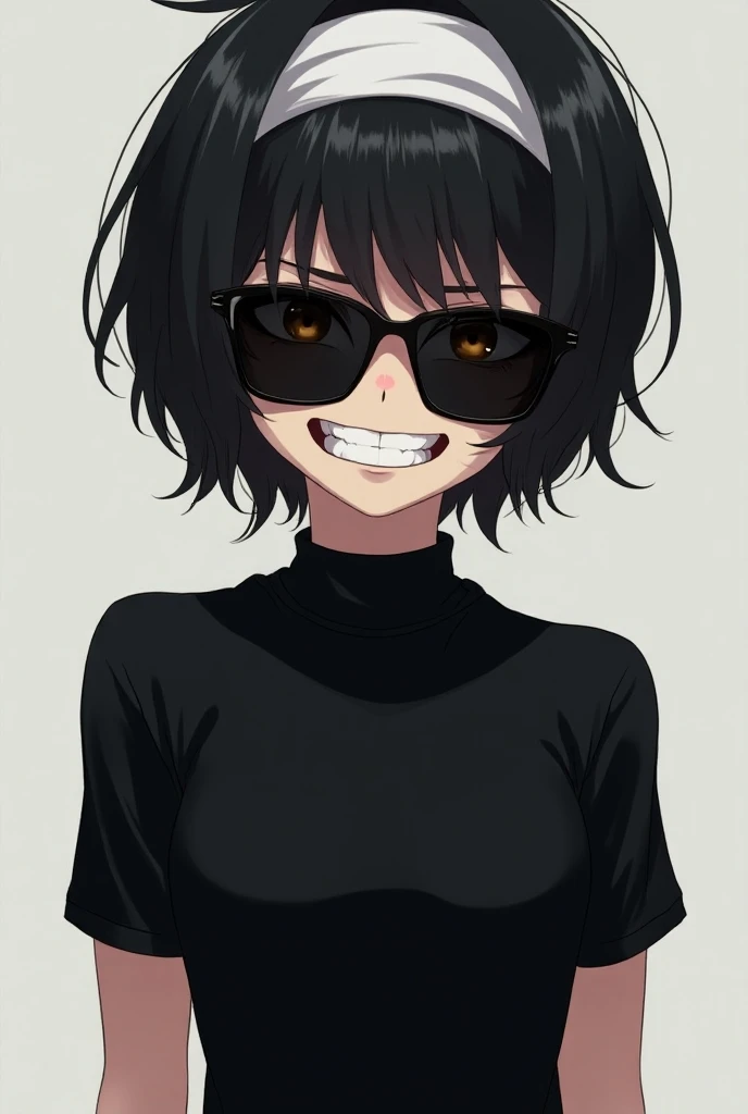 Young anime ,  short black hair , white band on the head, black sunglasses, honey colored eyes, black lycra t-shirt,  evil smile tie