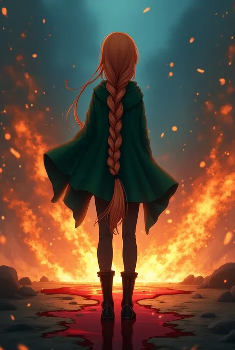 anime woman viewed from behind. She has very long bright braided ginger hair. She wears black clothes, black boots and a green hooded cloak not on her head. She stands on the ground, surrounded by flames and alot of blood on the ground around her. while th...