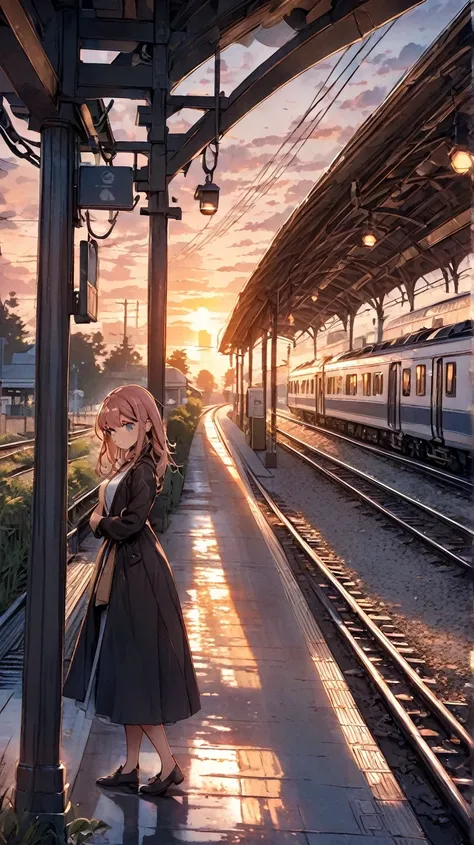 Girl standing on the train path at a train station at sunset