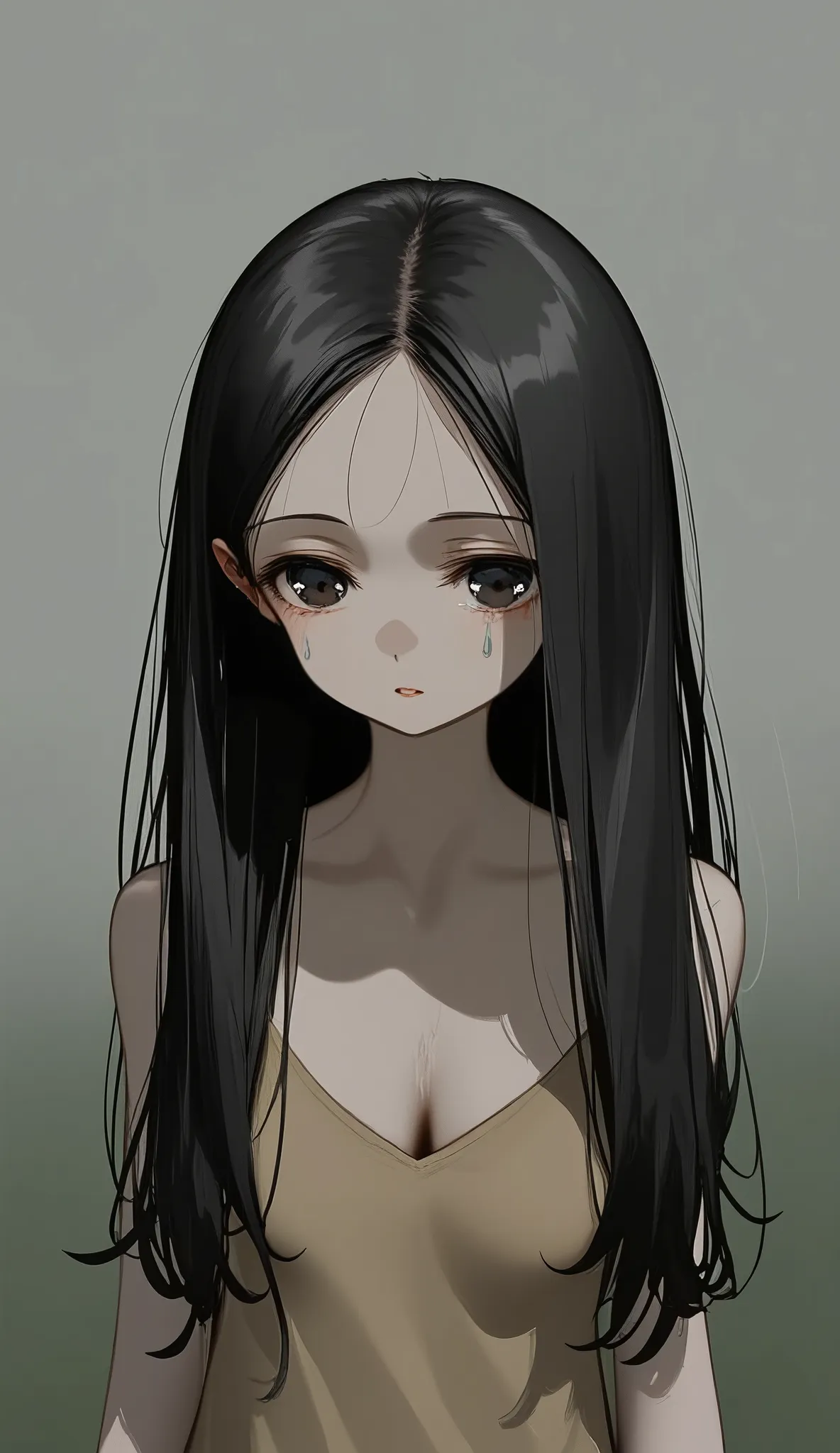 20 years old female tilting her head, hollow eyes, shedding a lot of tears, oil painting style, simplified figure, gloomy atmosp...