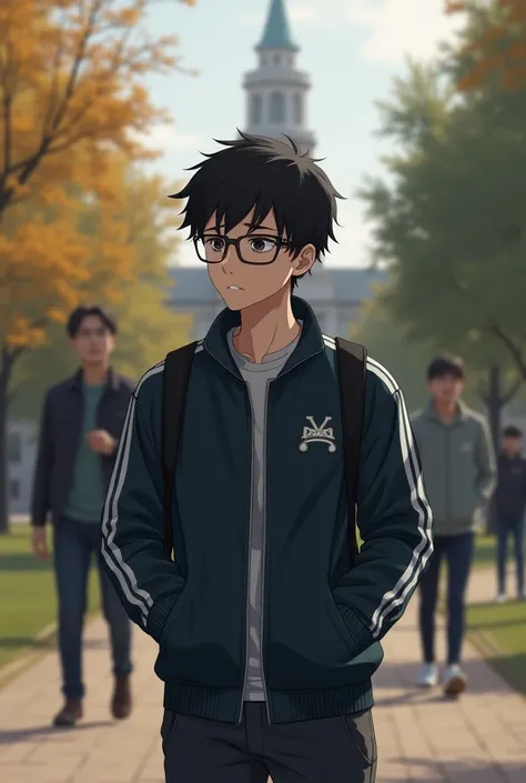 "A smart, athletic young man with short black hair, wearing a college sports jacket and glasses, standing on the campus with a slightly sad and distant expression in his eyes. He is looking at the horizon, showing a deep, thoughtful emotion. The background...