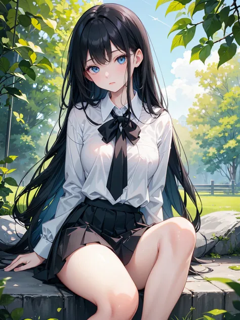  Long straight black hair , School Uniform， blue eyes， holding smartphone , Relaxation posture, sit, Review, healthy skin, Outdoor scenery, Green leaves and blue sky, Bright natural light    ,    sunlight shining in from the top left,   A warm and gentle a...