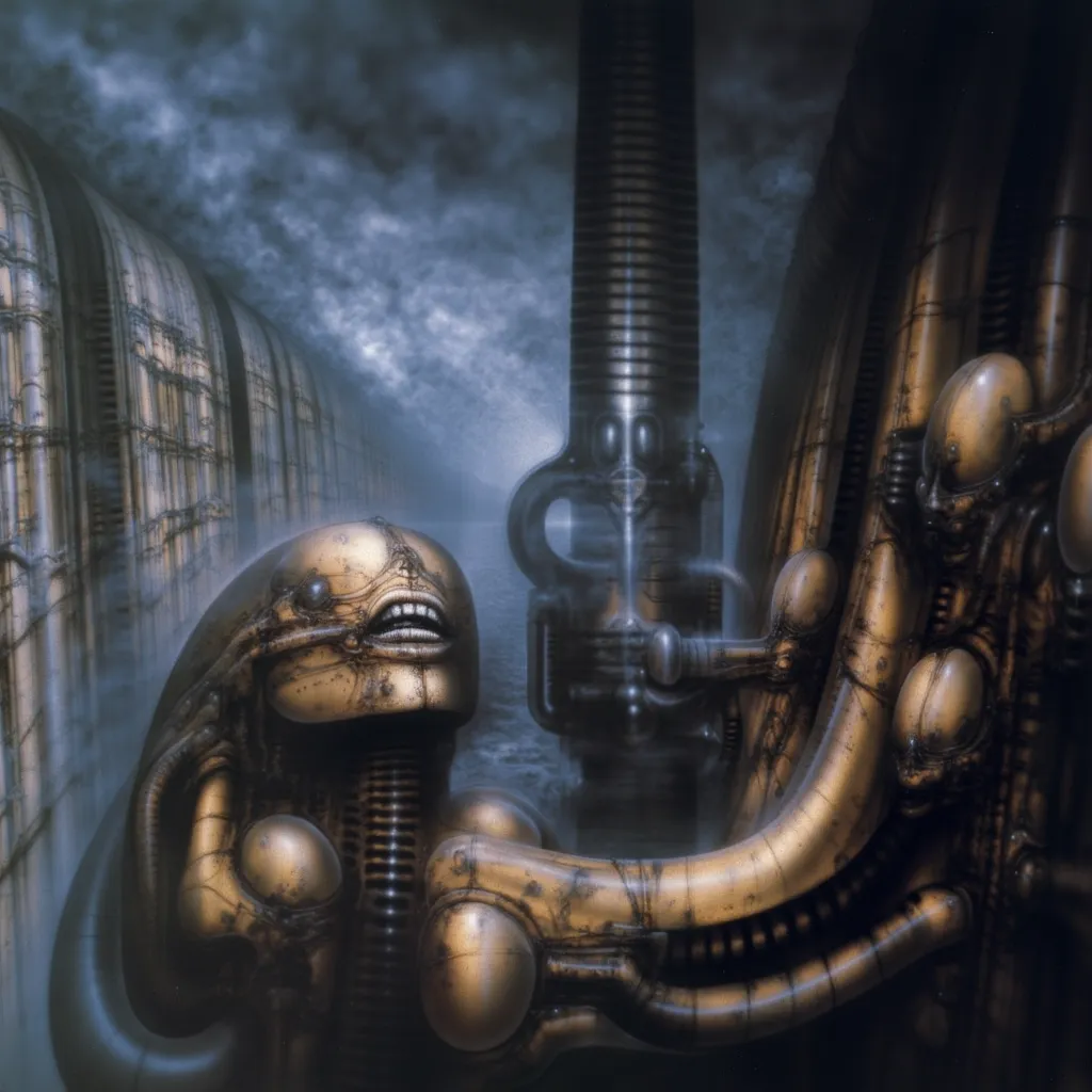 h. r. giger's g1g3r, , giger_style, the image is a detailed view of h.r. giger's \" ny city  \" plate, featuring ( biomechanisms...