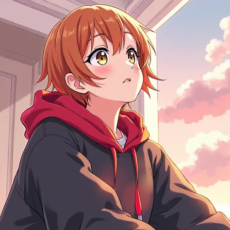 Honoka Kousaka with short hair wearing a black sweatshirt and red hoodie looking down anime style