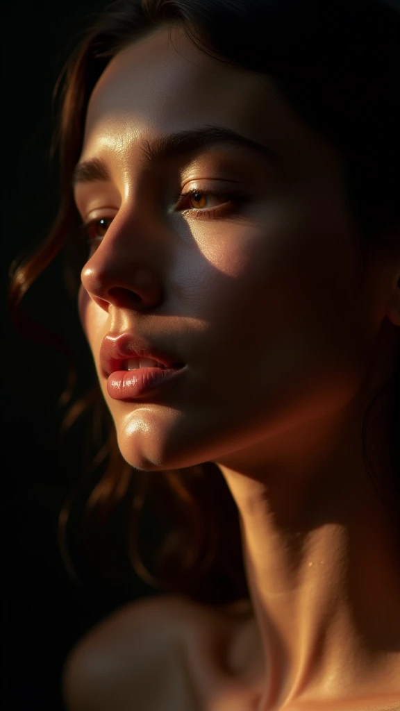 Portrait of a woman with radiant skin on a black background, soft and warm light that accentuates her face, natural "glow" effect on the skin, dramatic shadows and contrasts that highlight the beauty of her skin, aesthetics, profesional,FHD 