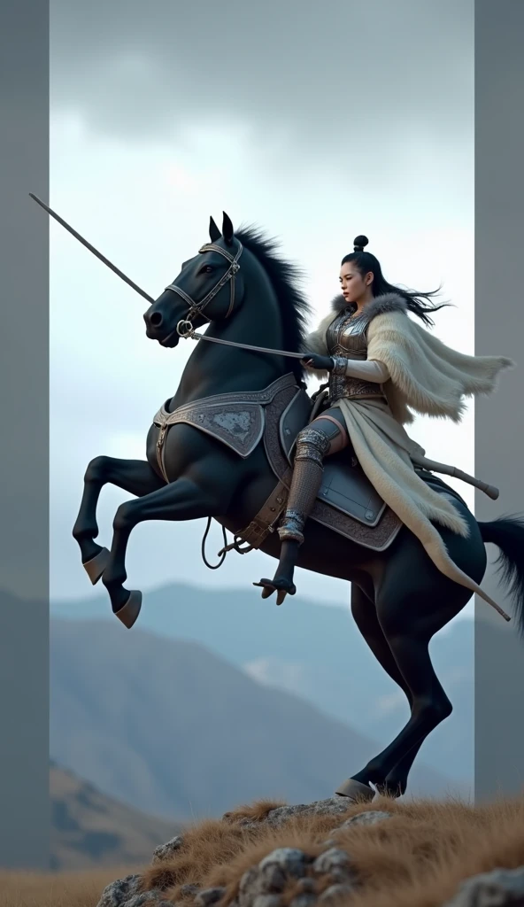 Masterpiece, 8K, photography professional, there is a cyberpunk cybernetic Korean woman riding a horse, riding a black horse, the rider carries a large sword, kazakh empress, a young woman as genghis khan, horse warrior, still from a live action movie, rid...