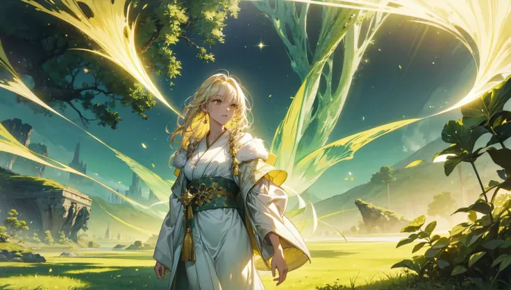  A beautiful woman in a robe standing on a quiet island wrapped in eternal light 。 An otherworldly landscape interwoven with green and gold spreads out in the background、Sparkling light effects are added to the surroundings 。