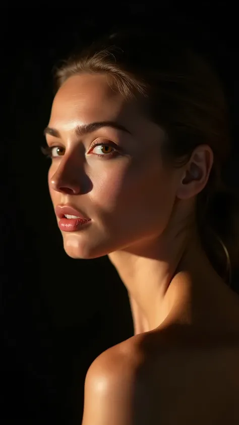 Portrait of a woman with radiant skin on a black background, soft and warm light that accentuates her face, natural "glow" effect on the skin, dramatic shadows and contrasts that highlight the beauty of her skin, aesthetics, profesional,FHD 