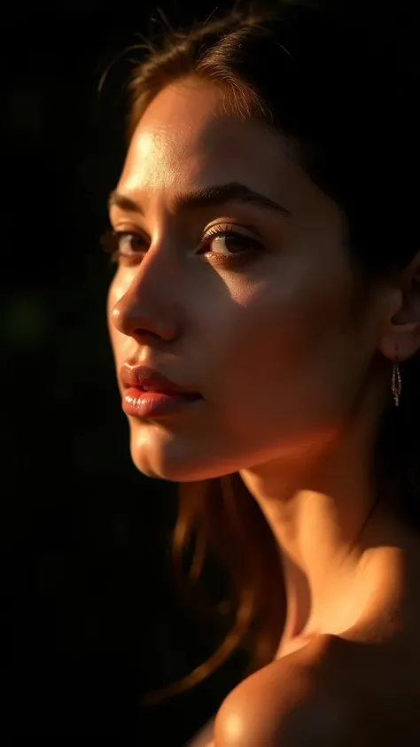 Portrait of a woman with radiant skin on a black background, soft and warm light that accentuates her face, natural "glow" effect on the skin, dramatic shadows and contrasts that highlight the beauty of her skin, aesthetics, profesional,FHD 