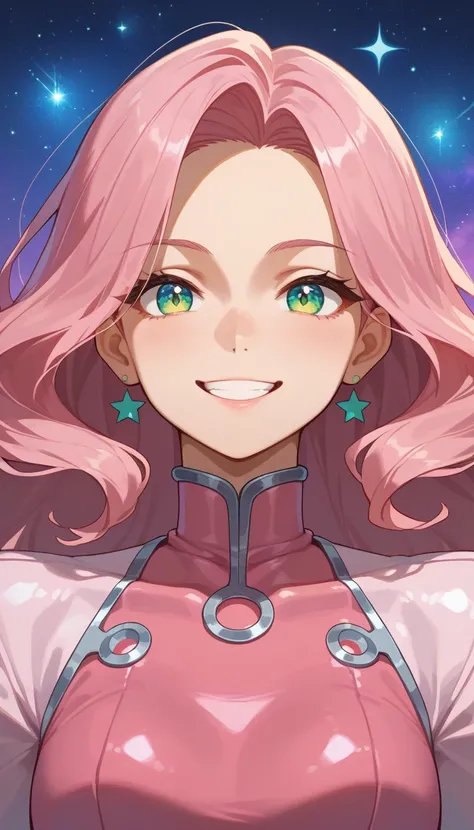 A graceful anime female with pink hair and  wearing a streamlined  pink suit with reflective metallic accents. The light shines directly on her face, giving her a warm, welcoming smile with no shadows. The stars and nebula behind her add to the cosmic feel...