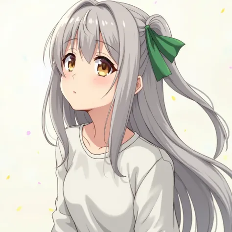 Kotori Minami from the anime Love Live wearing white sweatshirt and green ribbon on her long hair looking up