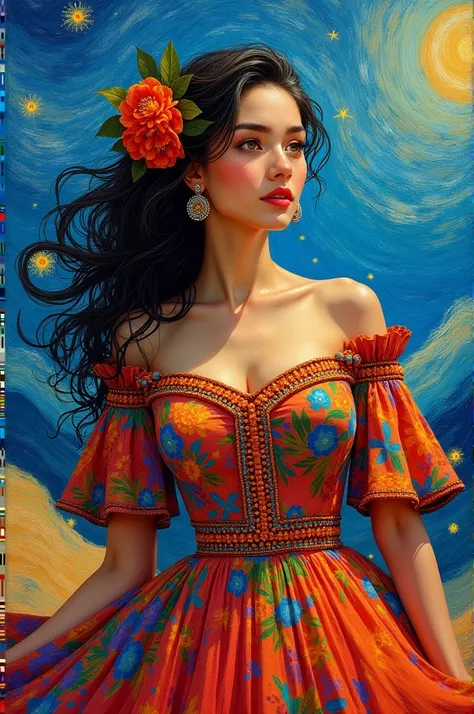 Create a picture of a woman in a Mexican dress with vangog style