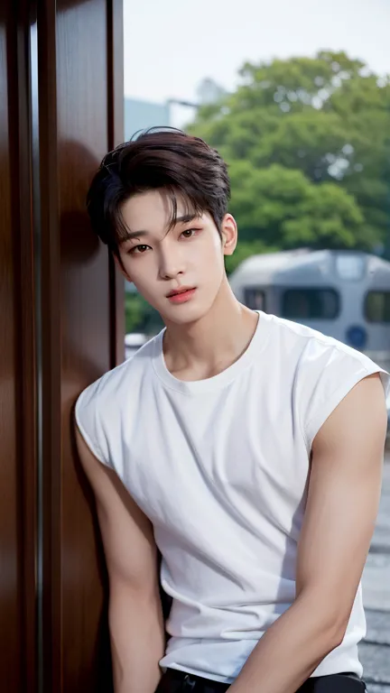 model description: wonoo seventeen,a young, athletic korean male model in his mid-20s with short, styled black hair that is slig...