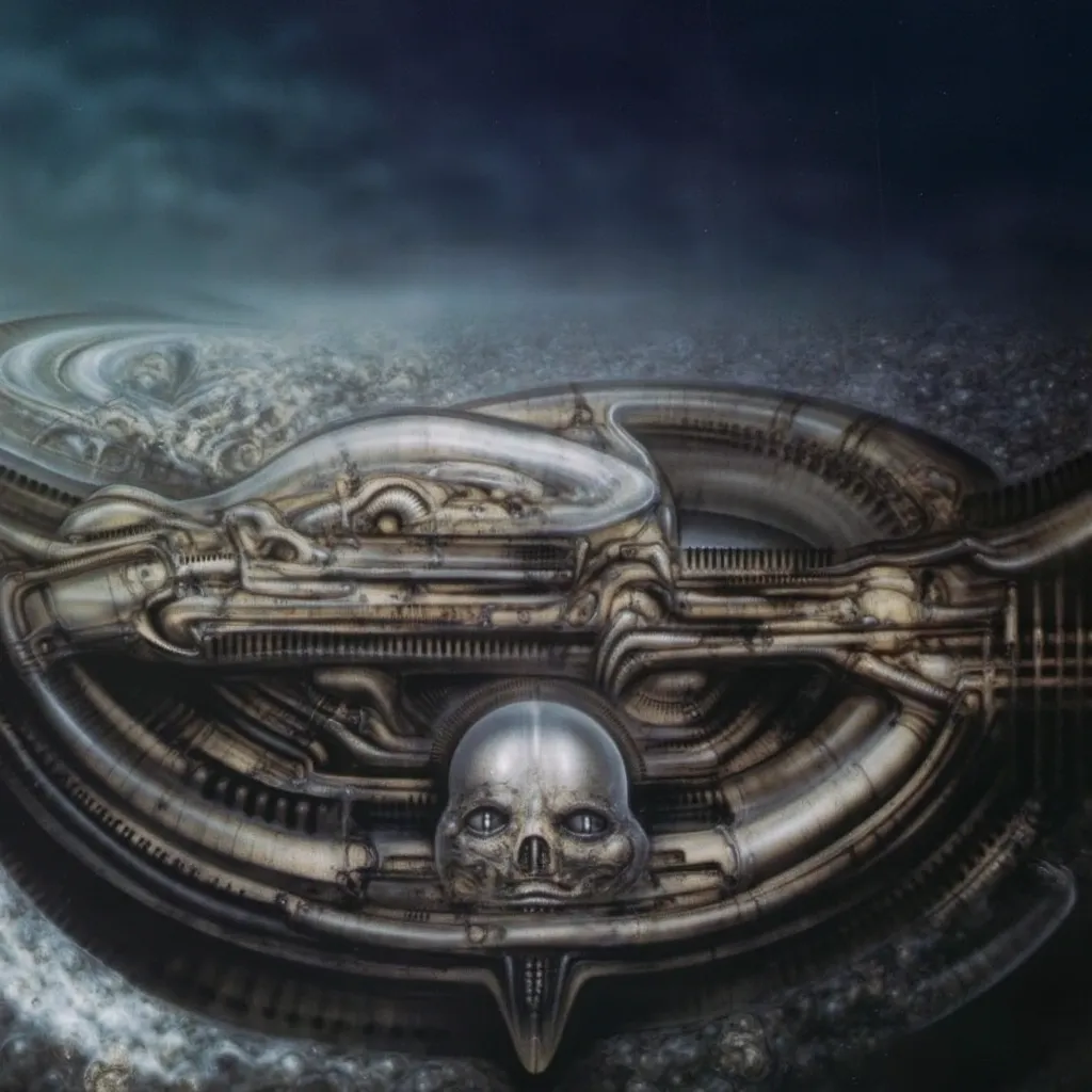 h. r. giger's g1g3r, , giger_style, the image is a detailed view of h.r. giger's \" ny city  \" plate, featuring ( biomechanisms...