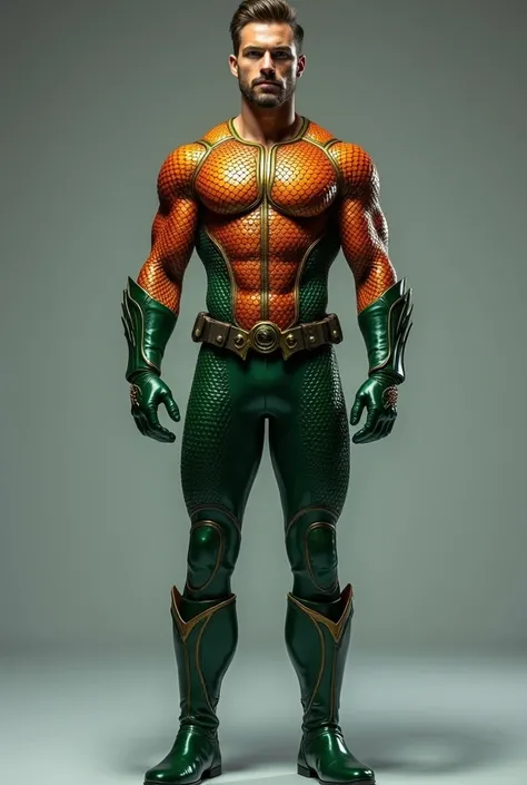 full body photorealistic shots of handsome hunky slender Aquaman wearing a green and orange  micro scales textured tight fit leather spandex costume with gloves and belt and boots. With glowing orange details of the suit.