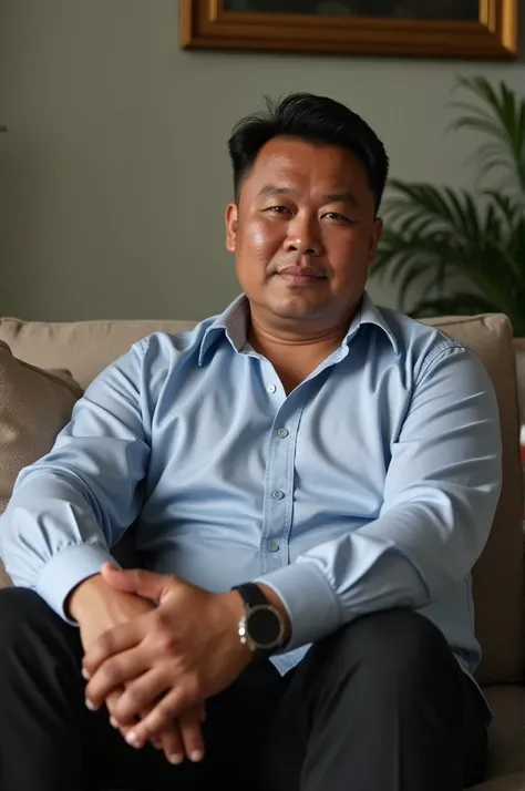 An Indonesian man, 45 years old,muscular,fat,neat short hair, neat clothes, sitting on the sofa. 