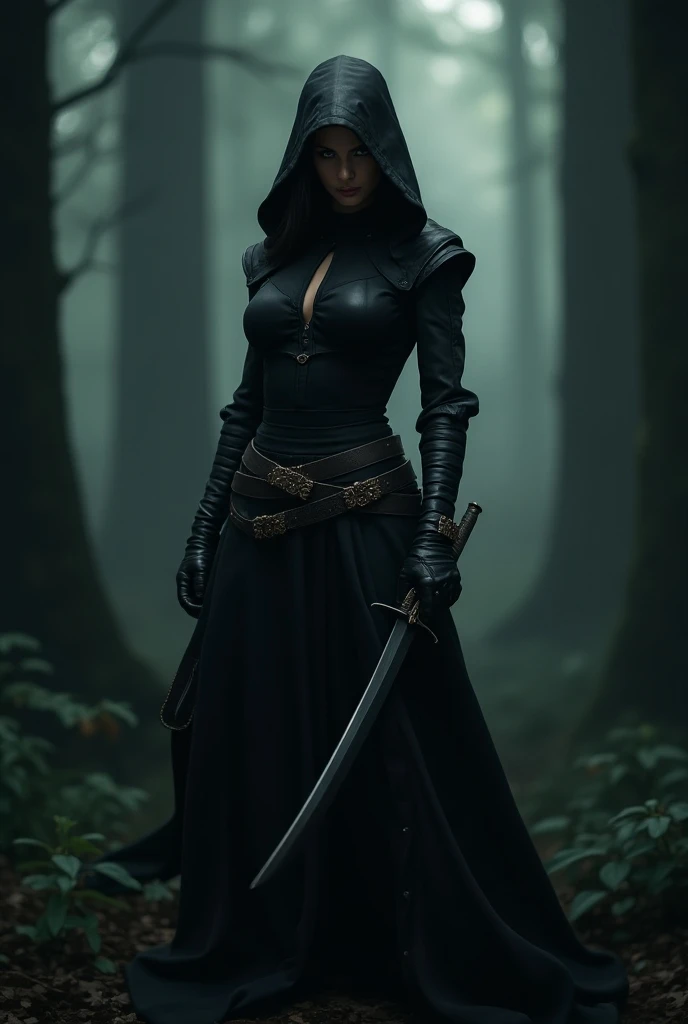 a person in a black outfit holding a sword in a forest, female assassin, steel inquisitor from mistborn, beautiful female assassin, dark hooded wraith, thief warrior, tiefling rogue, female rogue, female jedi, female rouge assassin, beautiful rogue lady, p...