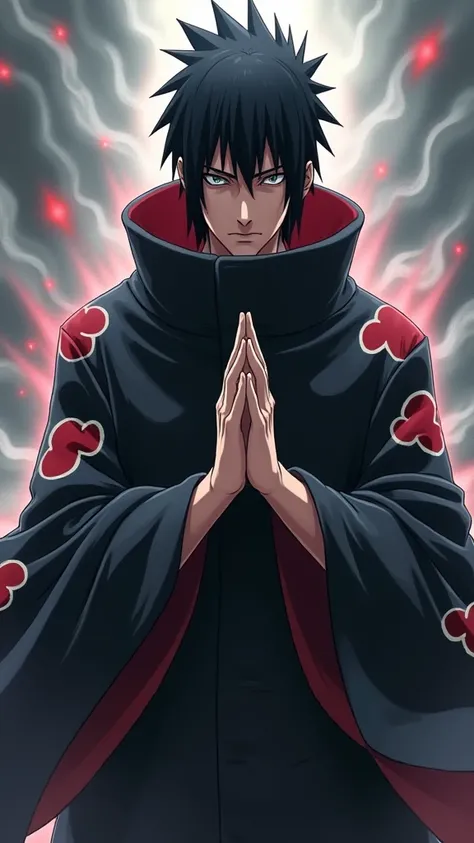 Sasuke Uchirlha from the anime  "Naruto",  Akatsuk outfit , position of hands together  ,  fingers crossed for jutsu